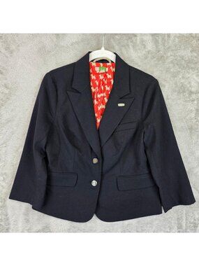 Ett Twa Blazer Womens 4 Black Wool Dog Print Lining Elbow Patch Two Button